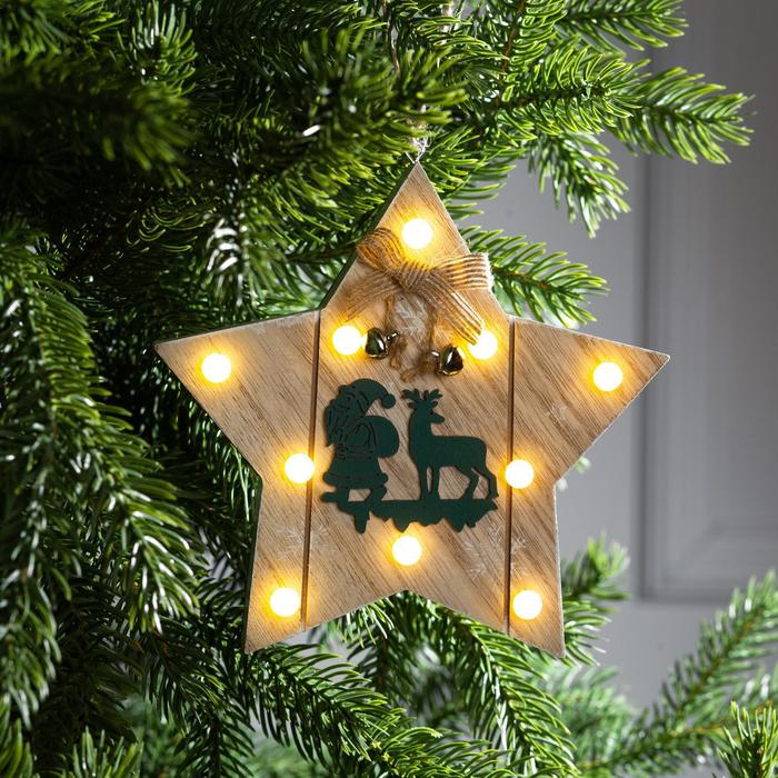Ёлочная игрушка «Звезда с Дедом Морозом и оленем», от батареек, свечение тёплое белое Ёлочная игрушка «Звезда с Дедом Морозом и оленем», от батареек, свечение тёплое белое