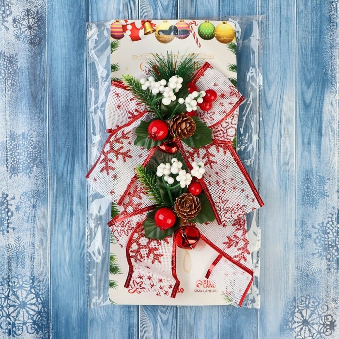 Украшение ёлочное Украшение ёлочное "Еловая композиция" (набор 2 шт) бант с принтом, 13х12 см, бело-красный