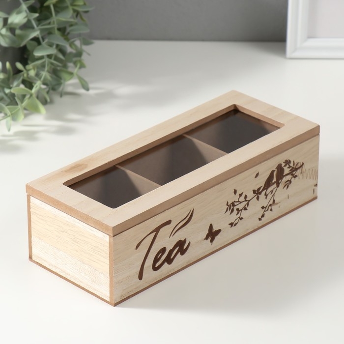 Шкатулка дерево 3 деления  Шкатулка дерево 3 деления "Птицы на ветке" 9,7х24х7 см