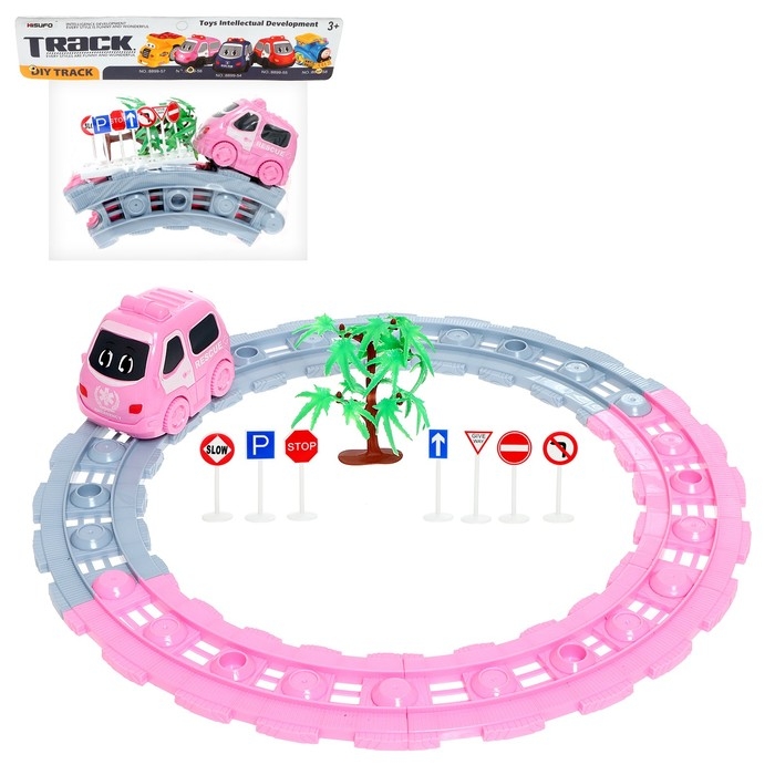 Автотрек «Розовая машинка», работает от батареек, дорожные знаки в комплекте Автотрек «Розовая машинка», работает от батареек, дорожные знаки в комплекте
