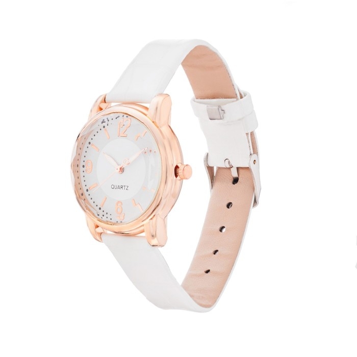 Часы наручные кварцевые женские, d-3.4 см, белый ремешок Часы наручные кварцевые женские, d-3.4 см, белый ремешок