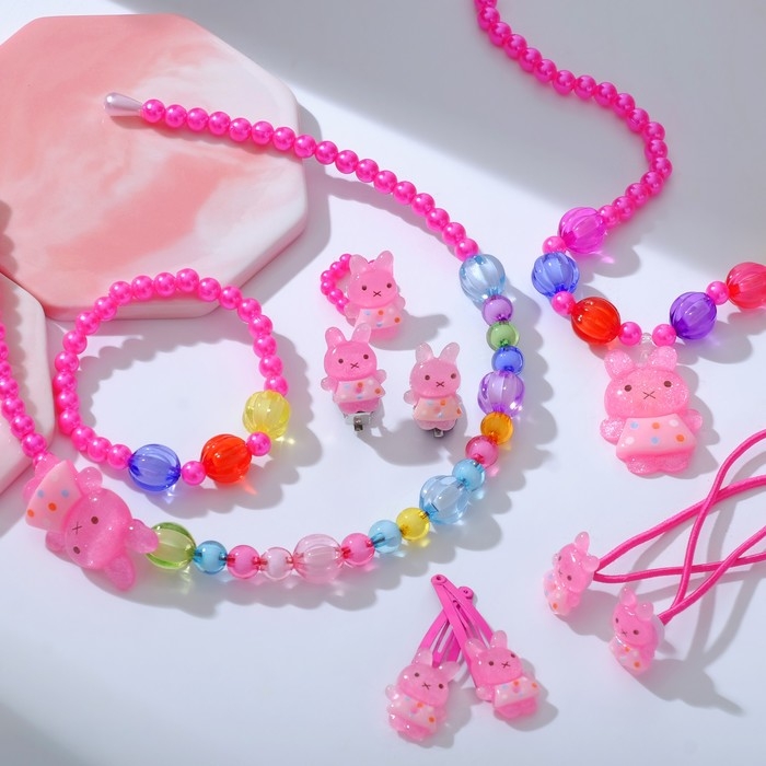 Комплект детский «Выбражулька» 9 предметов: ободок, 2 резинки, 2 заколки, клипсы, кулон, браслет, кольцо, зайчики, цвет МИКС Комплект детский «Выбражулька» 9 предметов: ободок, 2 резинки, 2 заколки, клипсы, кулон, браслет, кольцо, зайчики, цвет МИКС