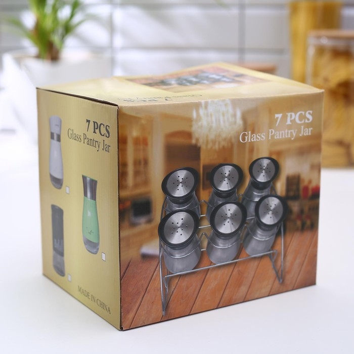 Набор банок стеклянных для сыпучих продуктов «Стиль», 20×16×17 см, на подставке, 6 шт, цвет МИКС
