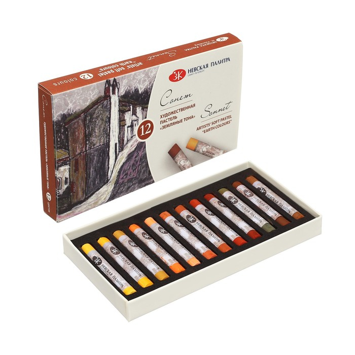 Пастель сухая, набор 12 цвета, Soft, ЗХК Пастель сухая, набор 12 цвета, Soft, ЗХК "Сонет" "Земляные тона", D-8 мм /L-60 мм круглое сечение, художественная, 7141244