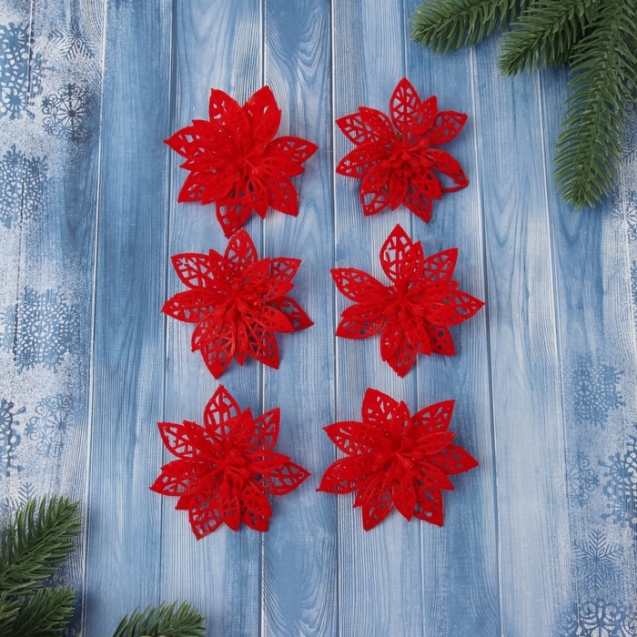 Украшение ёлочное Украшение ёлочное "Резной цветок" (набор 6 шт) 7 см, красный