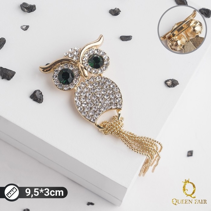 Брошь «Филин» с цепочками, цвет бело-зелёный в золоте Брошь «Филин» с цепочками, цвет бело-зелёный в золоте