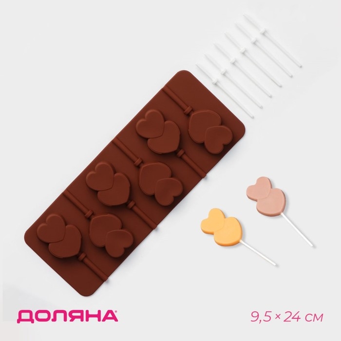 Форма для леденцов Доляна «Влюблённость», силикон, 9,5×24×1 см, 6 ячеек (4,2×3,3 см), с палочками, цвет МИКС Форма для леденцов Доляна «Влюблённость», силикон, 9,5×24×1 см, 6 ячеек (4,2×3,3 см), с палочками, цвет МИКС