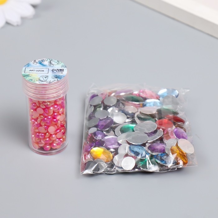 Декор Декор "Полубусины и стразы. Градиент розово-кремовый" d=4 мм 10г 200 шт 5х2,5 см, МИКС