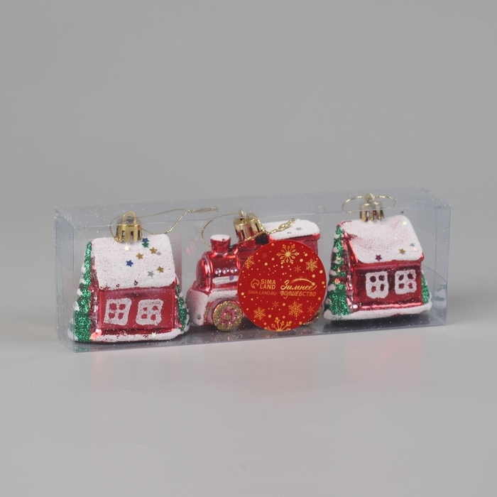 Набор украшений пластик 3 шт Набор украшений пластик 3 шт "Карнавальный" (2 домика, 1 паровозик) 6х6 см, красный