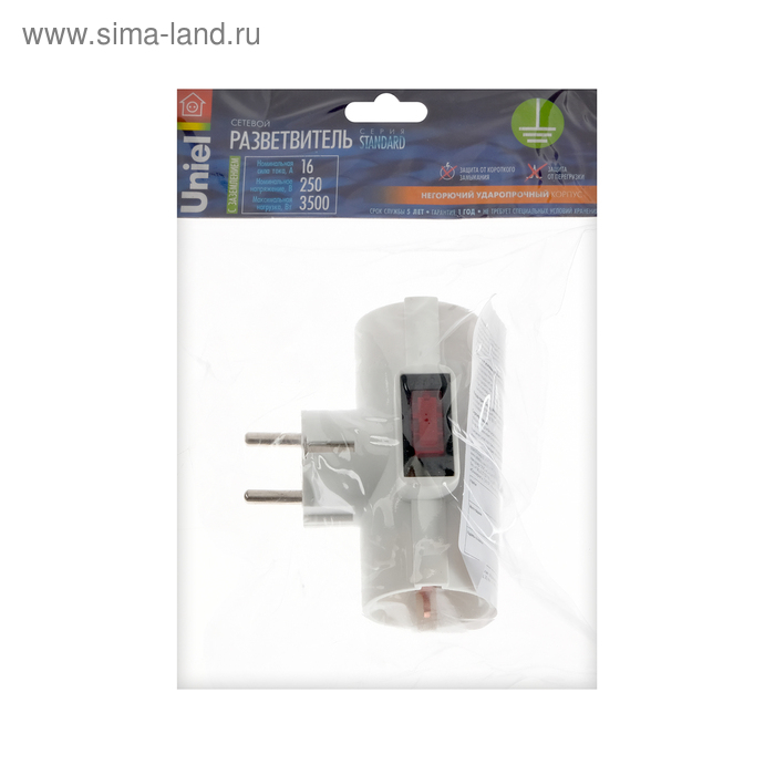 Разветвитель сетевой с защитой и с выключателем Uniel, 3 гнезда, 16 А, 3500 Вт, с/з, белый Разветвитель сетевой с защитой и с выключателем Uniel, 3 гнезда, 16 А, 3500 Вт, с/з, белый