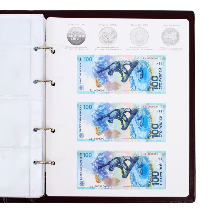 Альбом для монет на кольцах 225 х 265 мм,  Альбом для монет на кольцах 225 х 265 мм, "Памятные монеты РФ", обложка ПВХ, 13 листов и 13 цветных картонных вставок, коричневый