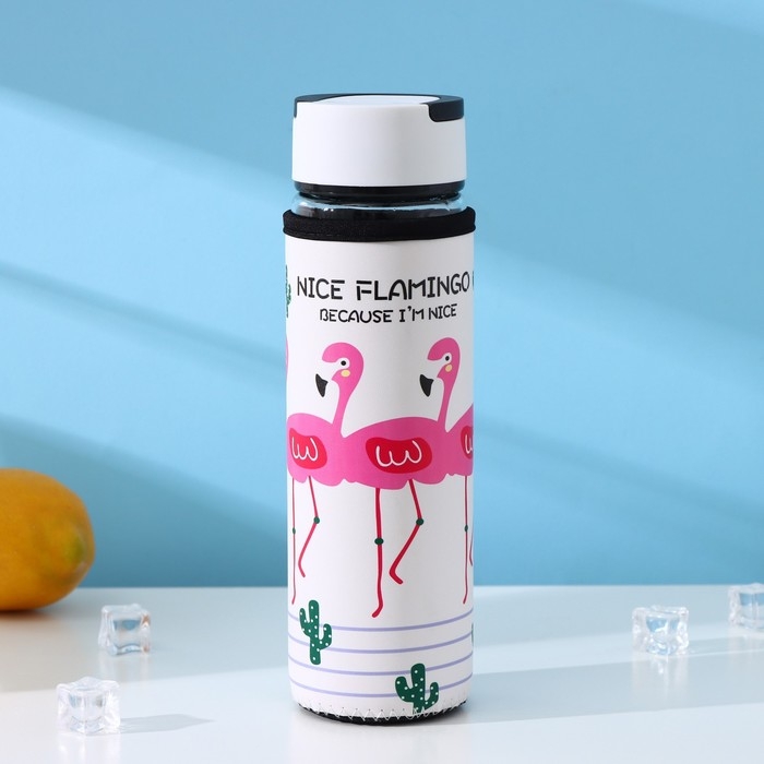 Бутылка для воды стеклянная с ручкой в чехле &laquo;Фламинго&raquo;, 500 мл, h=23,5 см, рисунок МИКС