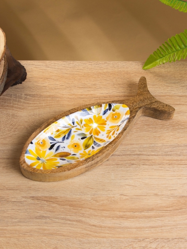 Блюдо в форме рыбки Блюдо в форме рыбки "Желтые и синие цветы" дерево манго 25,5х10х2 см
