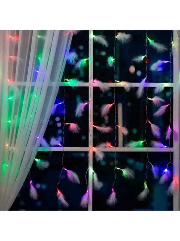 Гирлянда &laquo;Занавес&raquo; 3&times;1.4 м с насадками &laquo;Перья&raquo;, IP20, прозрачная нить, 80 LED, свечение мульти (RG/RB), мигание, 220 В