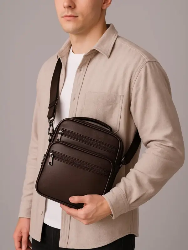 Сумка кросс-боди мужская на молнии, с ручкой, 3 наружных кармана, 18&times;8.5&times;22 см, коричневая