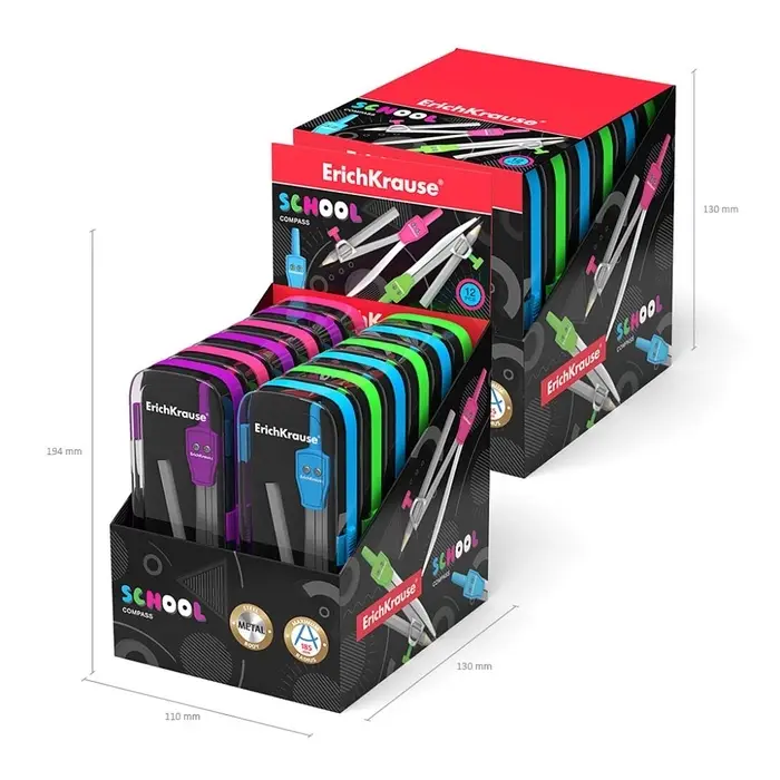 Циркуль металлический ErichKrause. School, 123 мм, универсальный держатель &laquo;козья ножка&raquo;, с карандашом, МИКС