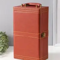 Шкатулка дерево, кожзам под 2 бутылки "Гладкая кожа" коричневая 4 предмета 34,5х20х12 см