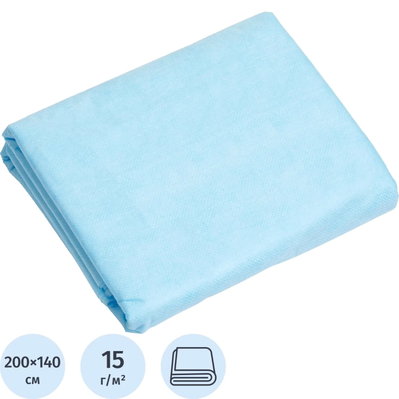 Простыня 140х200, голубой (10шт/упак), пл.15, спанбонд, А1, 12652