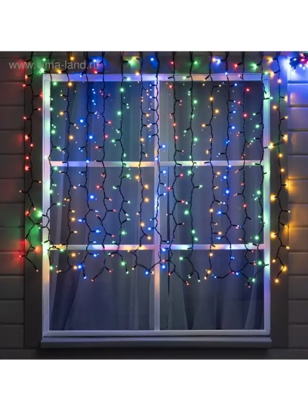 Гирлянда &laquo;Занавес&raquo; 2&times;1.5 м, IP65, УМС, тёмная нить каучук, 300 LED, свечение мульти, 220 В