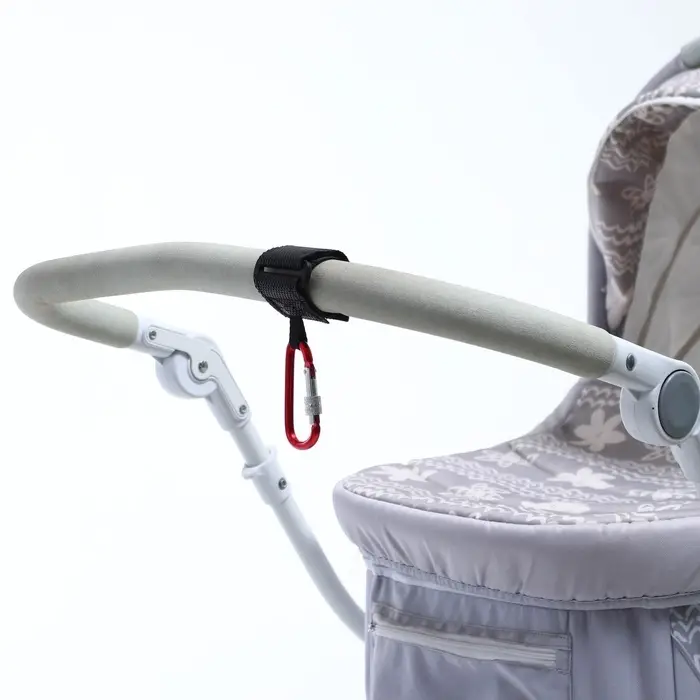 Крючок карабин для сумок на коляску, на липучке, экокожа, красный