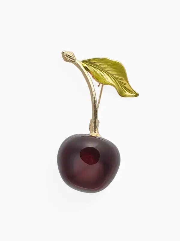 Брошь &laquo;Вишенка&raquo;, с листочком, бордово-зелёная в золоте