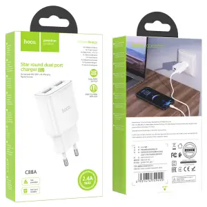 Переходник сетевого зарядного устройства на 2 USB 2.4A C88A HOCO белый