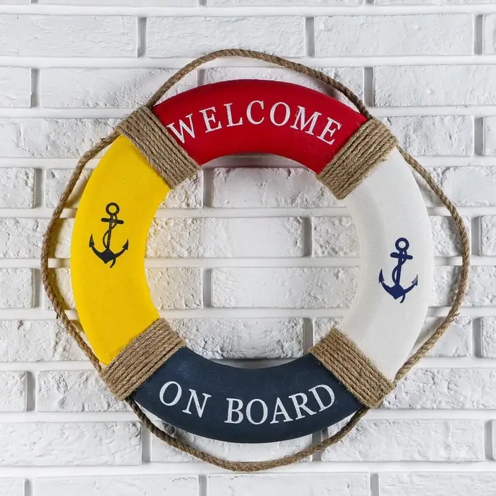 Декор настенный, панно спасательный круг с бечевкой Welcome on board, якоря, 7&times;50&times;50 см