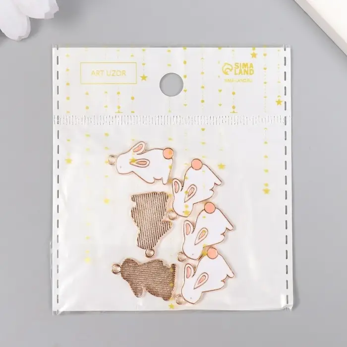 Декор для творчества металл, эмаль "Зайчик с розовым хвостиком" белый 2,2х1,3 см