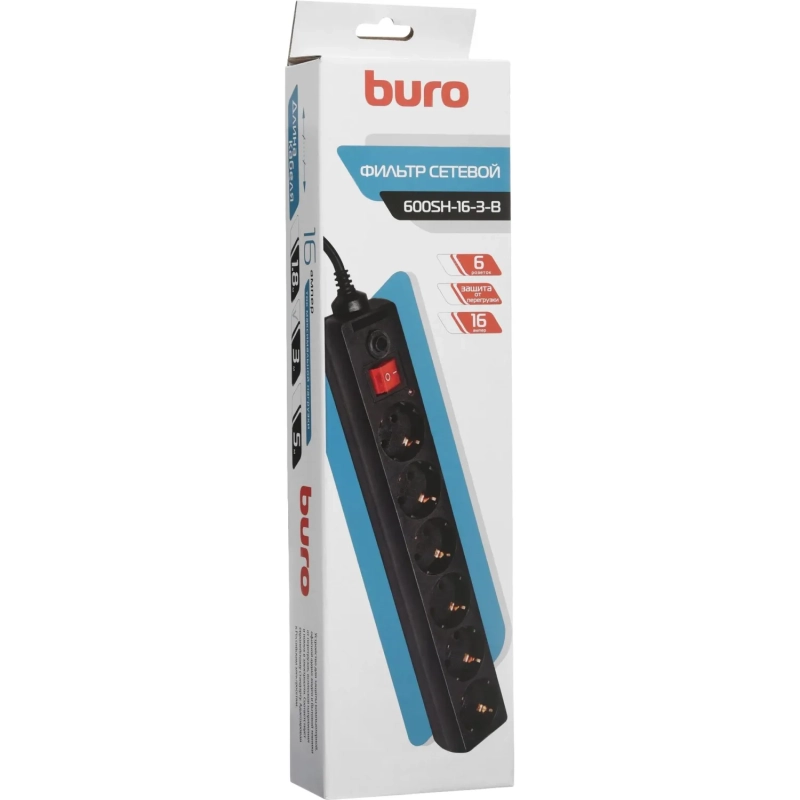 Сетевой фильтр Buro 600SH-3-B 3м (6 розеток) черный