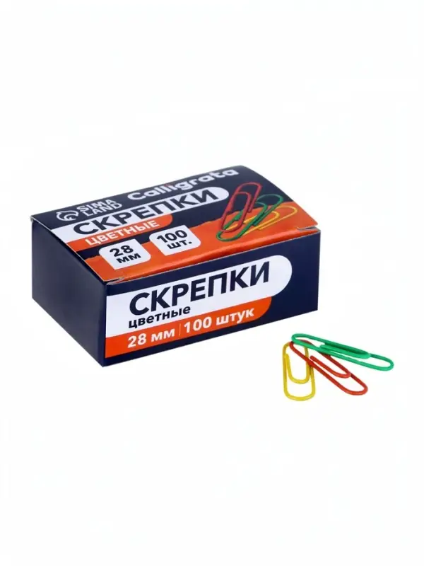 Скрепки 28 мм цветные в картонной коробке 100 штук