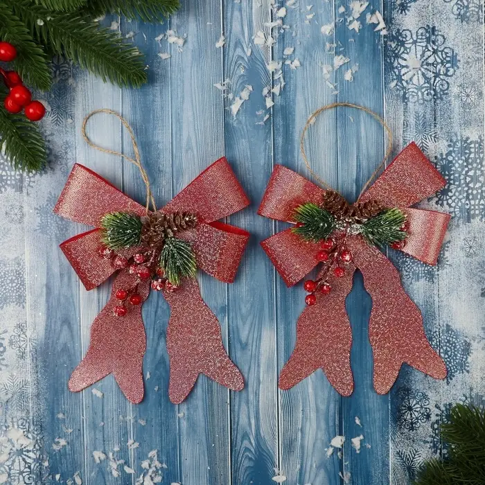 Ёлочные игрушки 2 шт. &laquo;Зимнее волшебство. Бант элит&raquo; пластик, 12&times;14 см, розовый