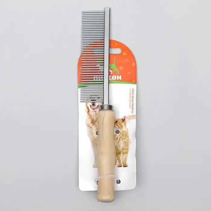 Расчёска для шерсти Wood, 17.5&times;3 см, с деревянной ручкой