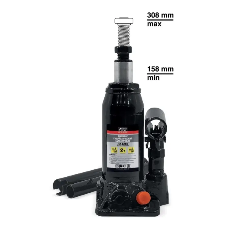 Домкрат гидравлический AVS HJ-B2TC, 2т, 158-308мм с клапаном, в кейсе (ремкомплект)