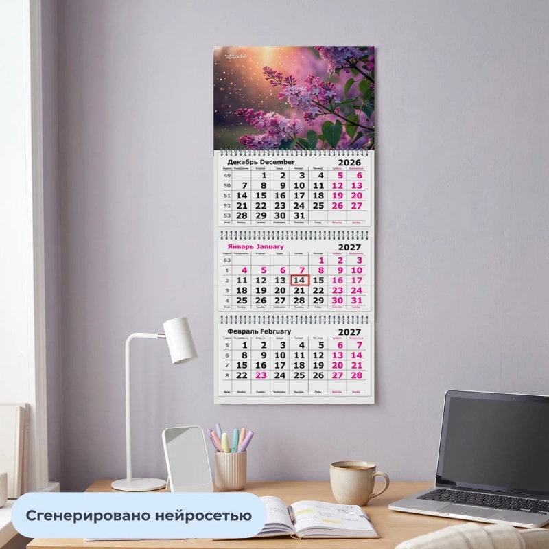 Календарь настенный 3-х блочный 2027 Attache сирень 305х675мм