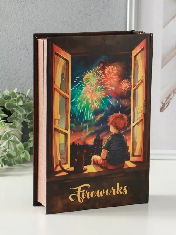 Шкатулка - книга световая &laquo;Малыш и кот наблюдают за салютом&raquo;, 28&times;19&times;6 см