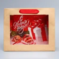 Пакет подарочный новогодний крафтовый с пластиковым окном &laquo;Новогодний подарок&raquo;, 24 х 20 х 11см