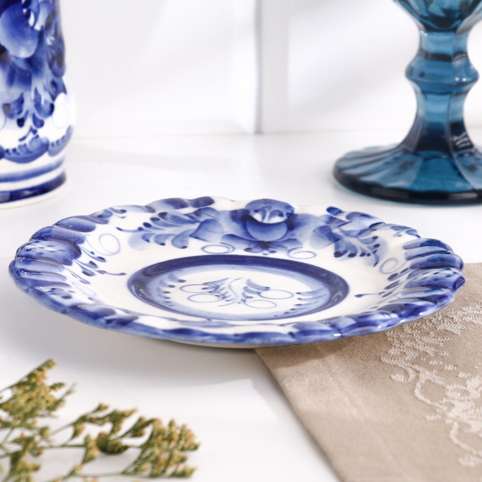 Блюдце гжель «Анемон», бело-синий,керамика, D = 15 см, Блюдце гжель «Анемон», бело-синий,керамика, D = 15 см,