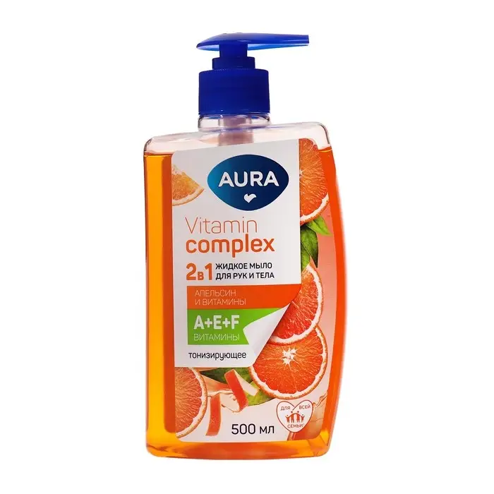 Жидкое мыло 2в1 для рук и тела AURA Vitamin Complex Апельсин и витамины с дозатором, 500 мл