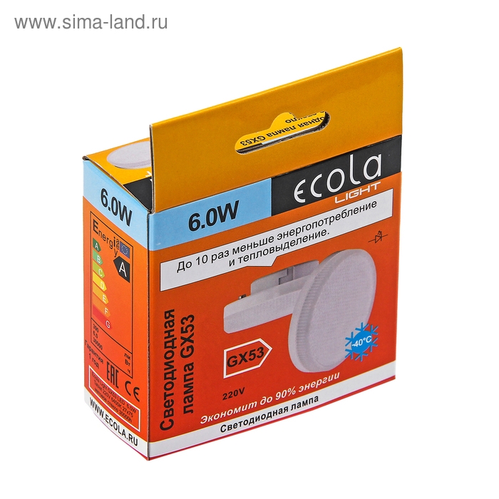 Лампа светодиодная Ecola Light, GX53, 6 Вт, 6400 K, 27x75 мм, матовое стекло Лампа светодиодная Ecola Light, GX53, 6 Вт, 6400 K, 27x75 мм, матовое стекло