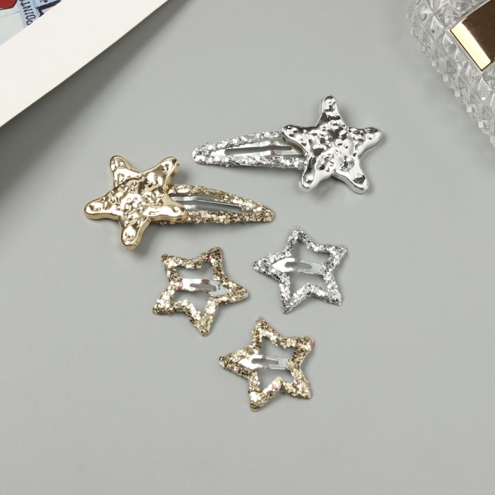 Невидимка для волос  Невидимка для волос "Беатрис" (набор 5 шт) звезда, 3,5 и 6 см, серебро золото