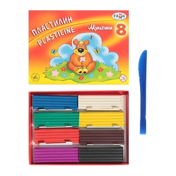Пластилин 8 цветов 160 г, Пластилин 8 цветов 160 г, "Гамма" "Мультики", со стеком