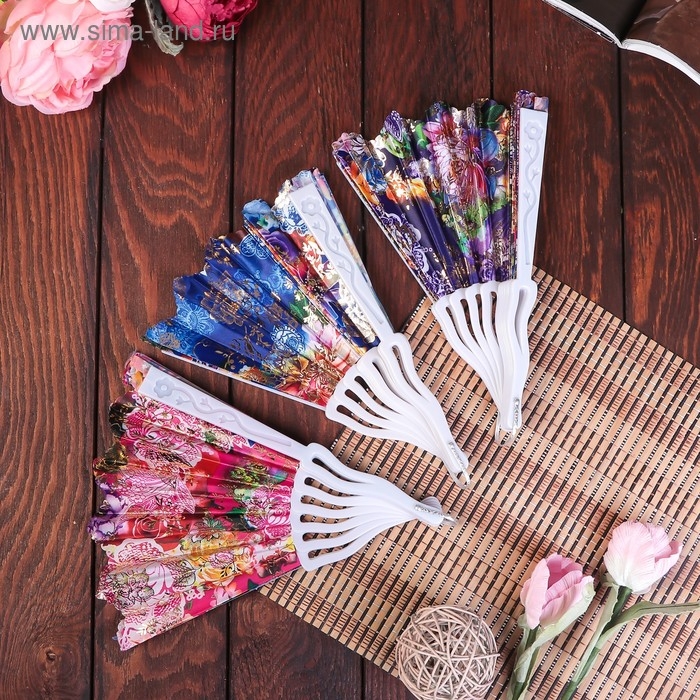 Веер пластик h=23 см  Веер пластик h=23 см "Цветы" изгиб с золотом МИКС