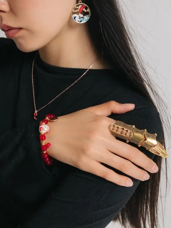 Браслет из бусин &laquo;Япония. Кошечка нэко&raquo;, L=16 см, красный в золоте