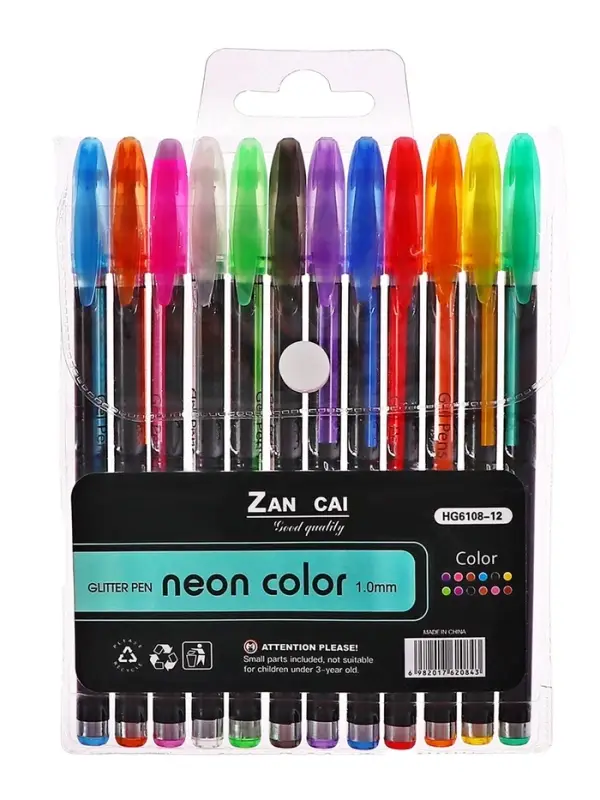 Набор гелевых ручек, 12 цветов, корпус чёрный в полоску в стержень, в блистере на кнопке