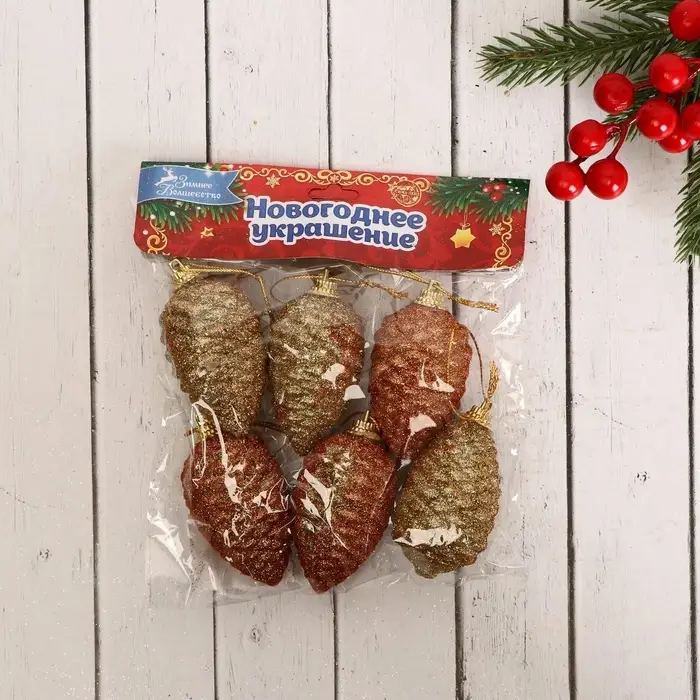 Ёлочные игрушки 6 шт. &laquo;Шишка с переливами&raquo; 3.5&times;5.5 см, золото