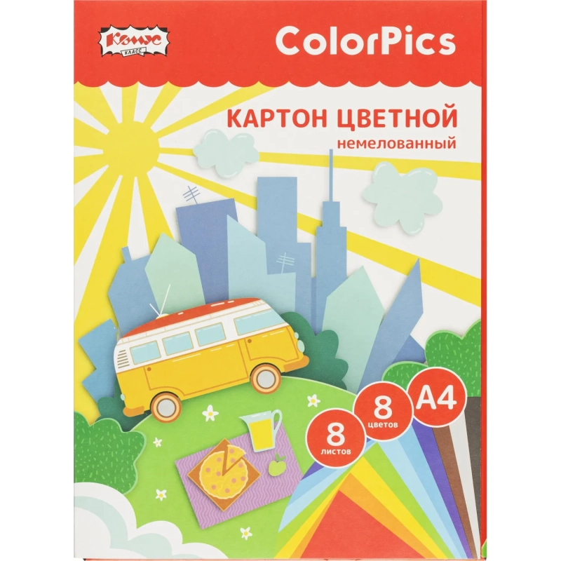 Картон цветной 8л.8цв.А4 немелованный ColorPics в папке