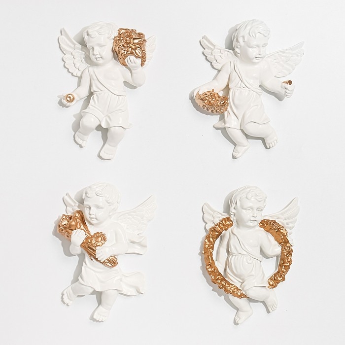 Декорация настенная панно Декорация настенная панно "Ангелочки" 4 штуки 20.5 x 14.5 x 5.5 см, белый с золотом