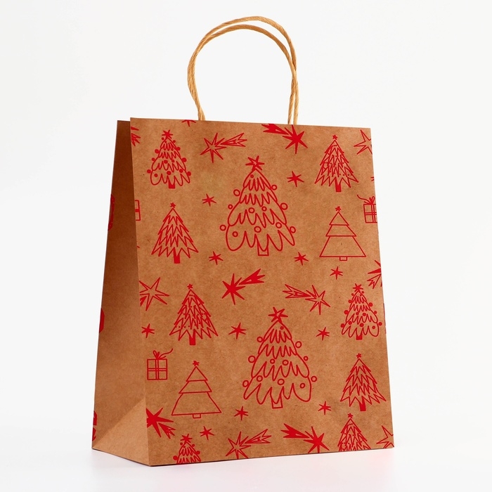 Пакет крафт с тиснением, круглая ручка, Пакет крафт с тиснением, круглая ручка, "Ёлочки" 33 х 25 х 12 см, 120 г