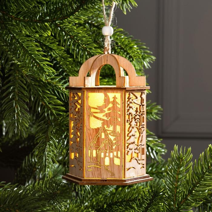 Ёлочная игрушка «Фонарь с домиком», от батареек, свечение тёплое белое Ёлочная игрушка «Фонарь с домиком», от батареек, свечение тёплое белое