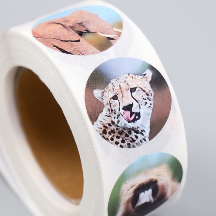 Наклейка бумага "Дикие звери" d=2,5 см 500 шт в рулоне 3х6,5х6,5 см